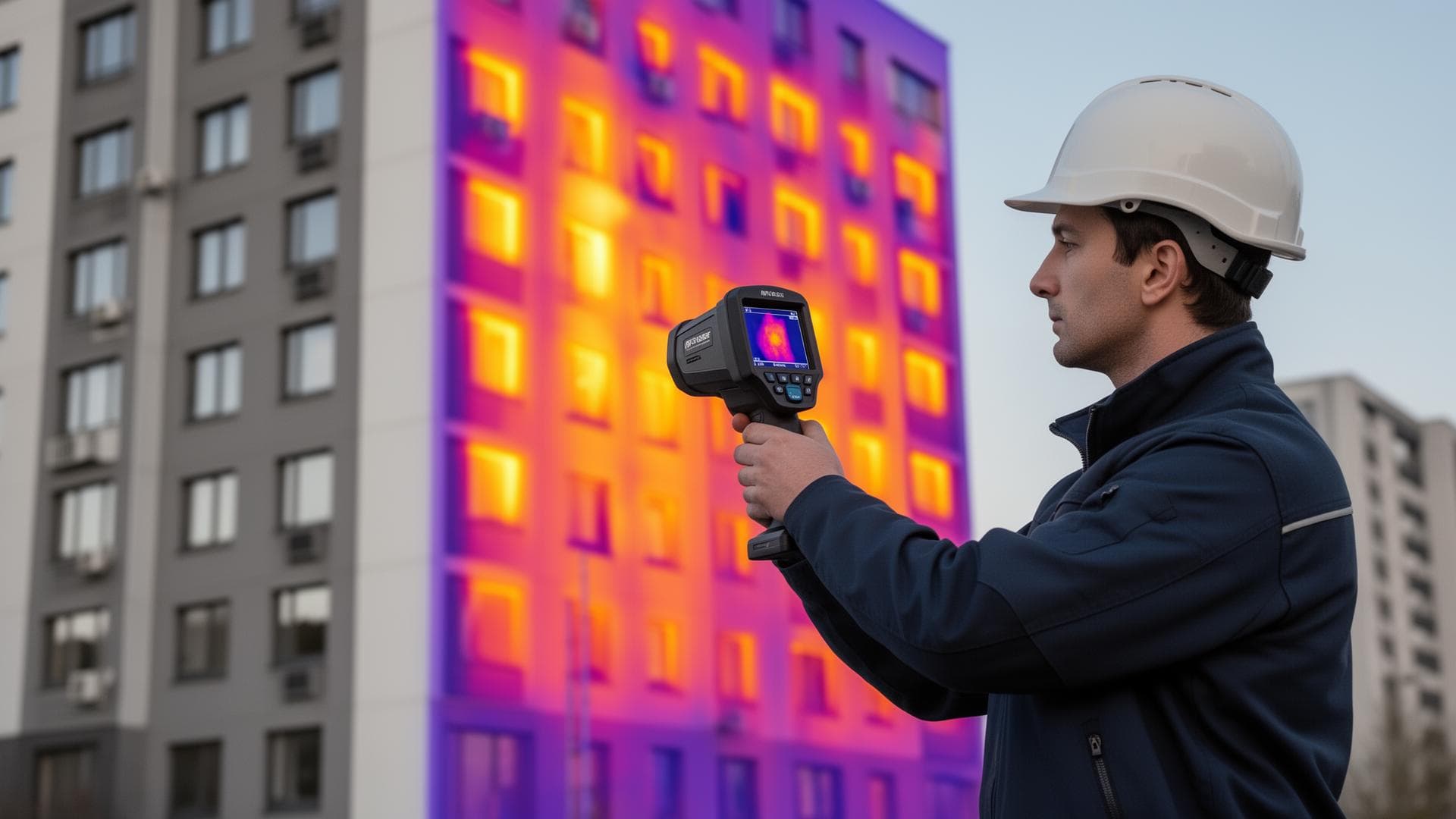 Technicien EnergyCo réalisant une thermographie infrarouge d'une façade