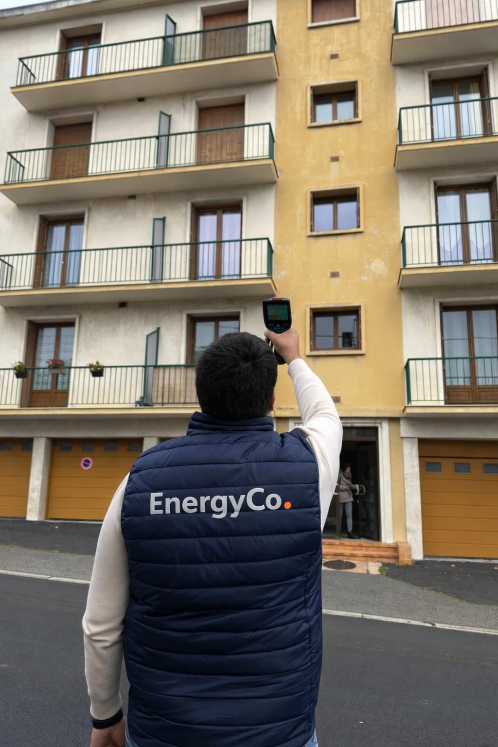 Technicien EnergyCo réalisant un diagnostic thermique sur un immeuble